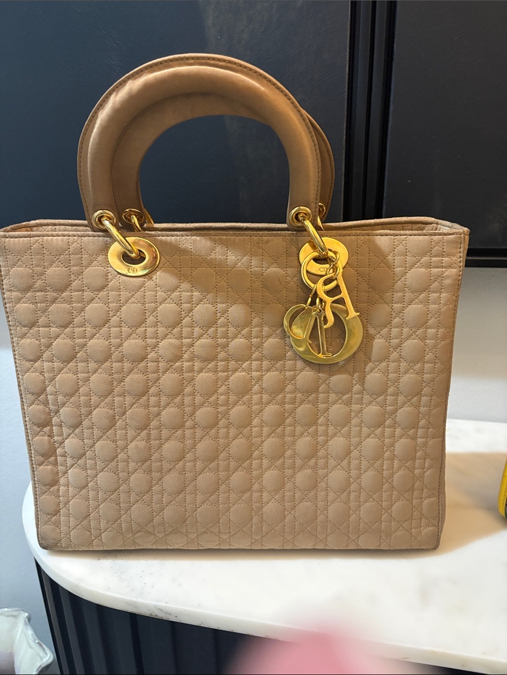 Dior Beige Quilted Top-Handle Satchel with Gold Hardware